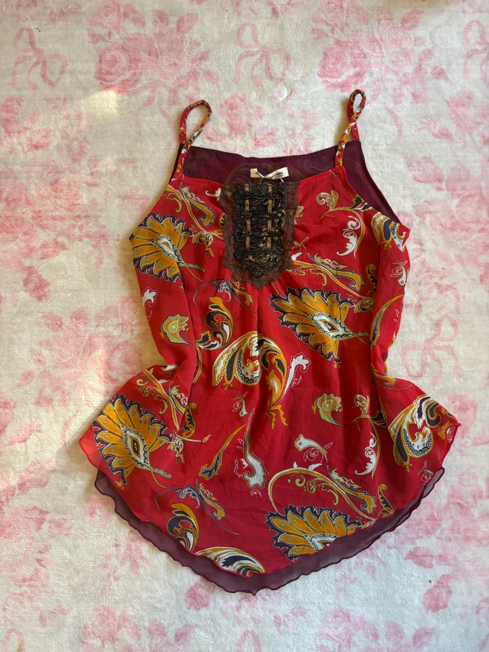Red & gold paisley Asian silk slip dress with lace trim and beaded details